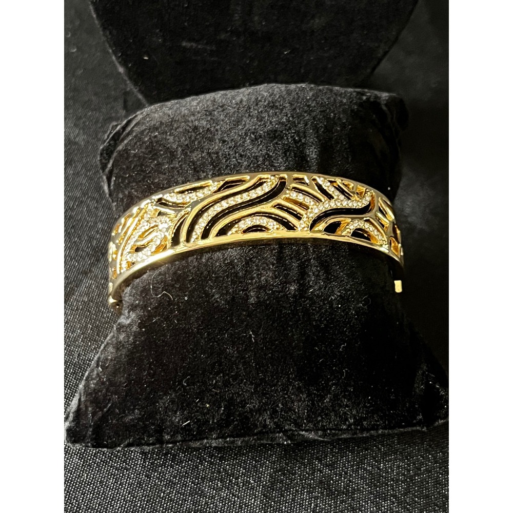Gold Tone Bangle Bracelet‎ Openwork Design with Clear Rhinestones - Picture 2 of 8